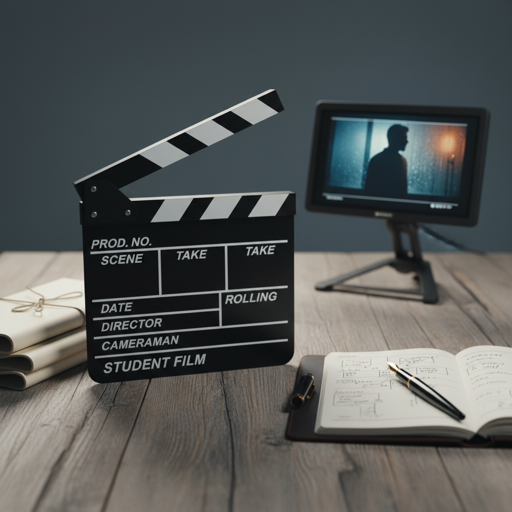A polished black clapperboard with crisp white lettering, its hinged slate frozen mid-snap, dominates the foreground on a weathered wooden table. Around it lie neatly bound script drafts, an open notebook filled with handwritten scene breakdowns, and a well-used fountain pen with an ink-stained nib. In the background, out of focus, a small external monitor displays a paused frame from a moody short film, with cinematic color tones. Soft, diffused studio lighting from the left creates gentle highlights on the clapperboard’s glossy surface and subtle shadows that add depth. Shot at eye level with a shallow depth of field and rule-of-thirds composition, the atmosphere feels intentional and creative, emphasizing the craft and discipline of student filmmaking in a clean, modern cinematic style.