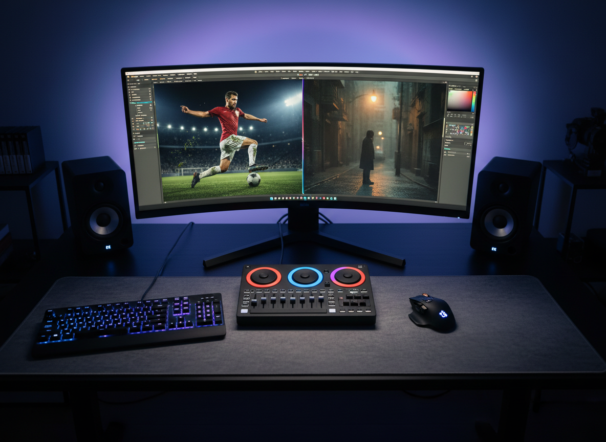 An editing station centered around a widescreen monitor displaying a vibrant color grading interface, with split-screen footage of a high-intensity live-sports moment and a moody narrative short film. The monitor sits on a minimalist black desk, flanked by small studio monitors and a compact control surface with glowing color wheels and sliders. A backlit mechanical keyboard and a precise editing mouse rest on a clean desk mat. The room is dim, illuminated mainly by the cool glow of the screens and subtle LED accent lighting behind the monitor, creating a cinematic halo. Captured in photographic realism from a slightly elevated angle with moderate depth of field, the atmosphere is focused and high-tech, emphasizing the professional side of a student filmmaker refining both dynamic sports reels and carefully crafted stories.