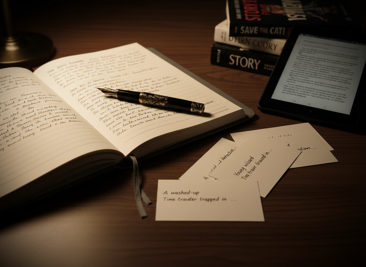 A carefully arranged still life of a hardcover notebook with a textured charcoal-gray cover, opened to reveal neatly handwritten story ideas and scene outlines, resting on a walnut desk. A vintage-style metal fountain pen lies across the page, and index cards with typed loglines are fanned out nearby. In the background, slightly out of focus, a small stack of classic screenwriting books and an e-reader displaying a manuscript page hint at the author’s dual focus on film and written works. Warm, directional desk-lamp light pools softly over the notebook, creating gentle vignetting and cinematic shadows at the edges of the frame. Shot at a low, three-quarter angle with shallow depth of field, the mood is introspective and disciplined, emphasizing the storytelling foundation behind both filmmaking and original writing.